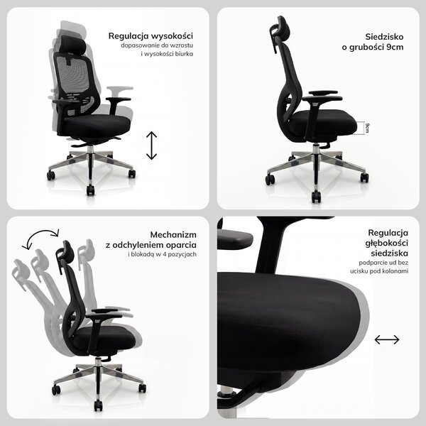 Ergonomiczny fotel biurowy z siatką czarny AXIS