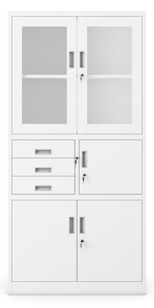 Szafa biurowa metalowa z sejfem, szklane drzwi, biała, 900x1850x400 mm: FILIP