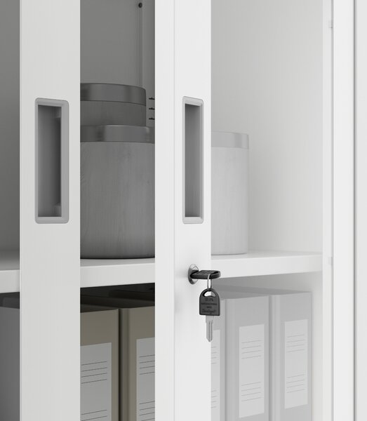 Szafa biurowa metalowa z sejfem, szklane drzwi, biała, 900x1850x400 mm: FILIP