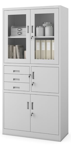 Szafa biurowa metalowa z sejfem, szklane drzwi, szara, 900x1850x400 mm: FILIP