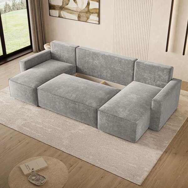 Masseno Narożnik ASPRA z funkcją spania i pojemnikiem na pościel Narozniki U, Rozkładana sofa - Jasnoszary, LUMO 65