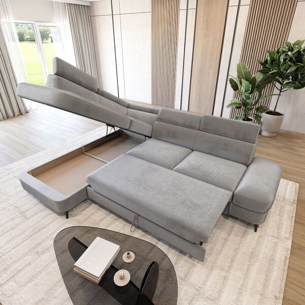 Masseno Narożnik AVISE z funkcją spania i pojemnikiem na pościel Narozniki L, Rozkładana sofa - Jasnoszary, MONOLITH 84