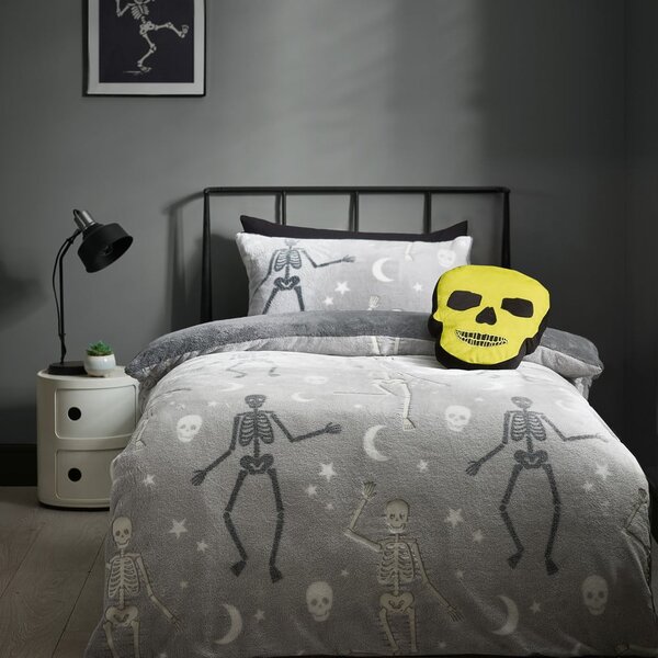 Szara fluorescencyjna pościel dziecięca jednoosobowa z mikropluszu 135x200 cm Halloween Skeleton – Catherine Lansfield