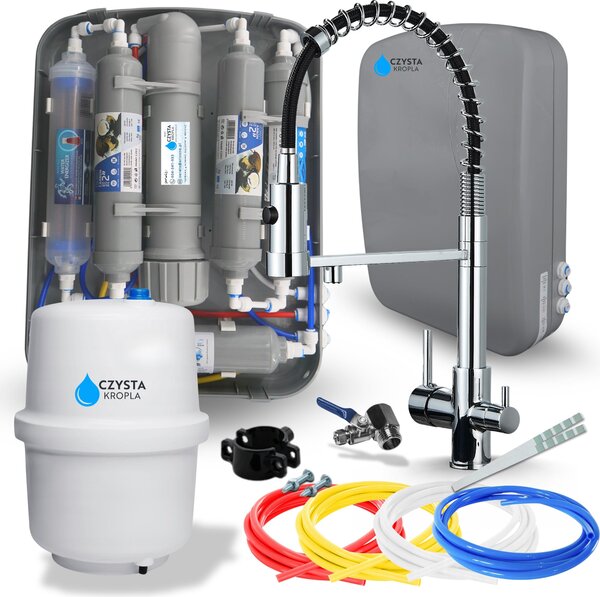 Bateria kuchenna trójdrona Ari Solid Spring z filtrem wody RO7 Slim, chrom, obrotowa wylewka 360 stopni, mosidz
