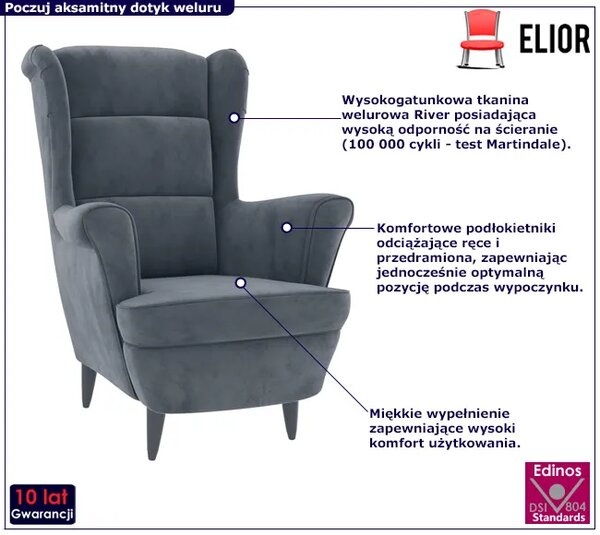Ciemnoszary welurowy fotel do salonu P3-C04
