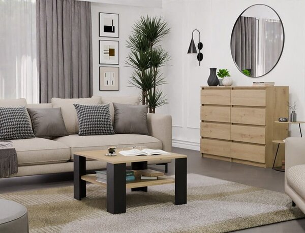 Kwadratowa ława do salonu z półką artisan/czerń | Umeblowana.com