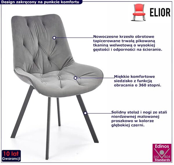 Popielate obrotowe pikowane krzesło welurowe N4-T56