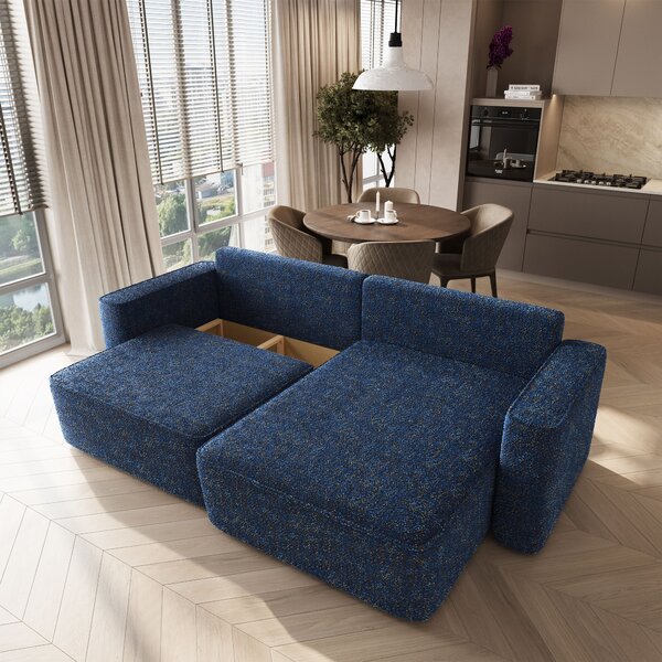 Masseno Narożnik BELISE z funkcją spania i pojemnikiem na pościel Narozniki L, Rozkładana sofa - Niebieski, BELLA 30