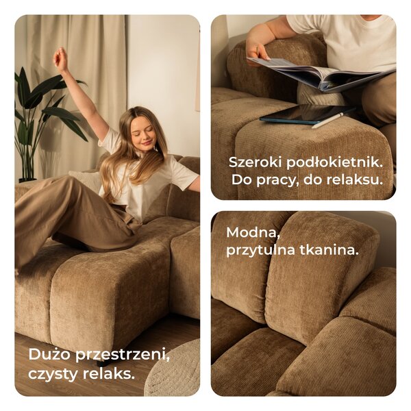 Masseno Narożnik SETIA Lewostronny, L-Kształtny, Nowoczesna Sofa narożna, Tkanina Szenilowa - Beżowy, LUMO 30