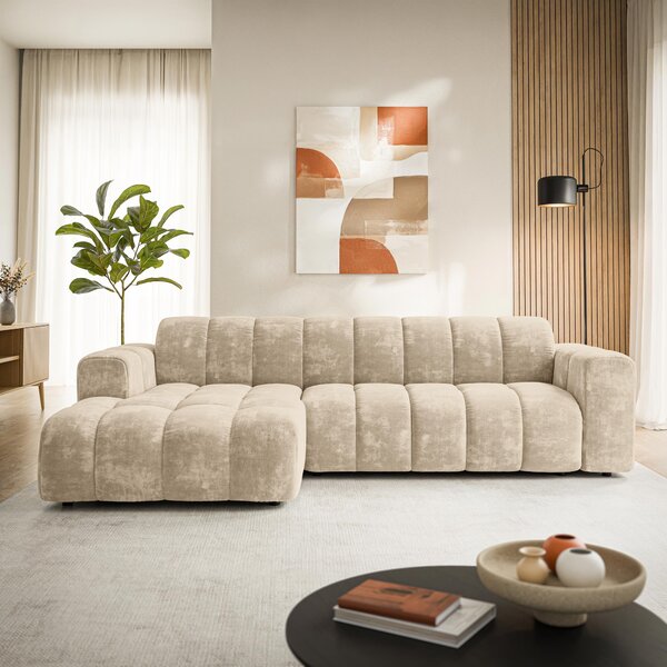 Masseno Narożnik SETIA Lewostronny, L-Kształtny, Nowoczesna Sofa narożna, Tkanina Szenilowa - Kremowy, LUMO 55