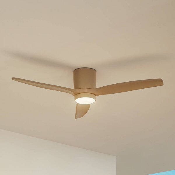 Wentylator sufitowy LED Lucande Sorin, beżowy, DC, cichy, IP44 Sorin, kremowy / amber, salon / jadalnia, metal, nowoczesny