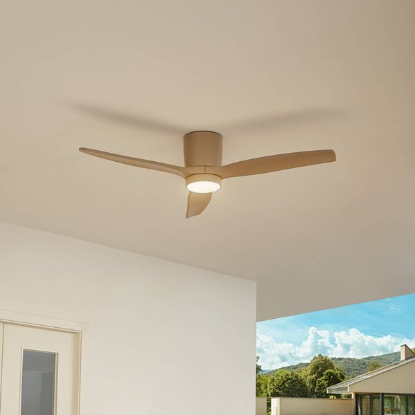 Wentylator sufitowy LED Lucande Sorin, beżowy, DC, cichy, IP44 Sorin, kremowy / amber, salon / jadalnia, metal, nowoczesny
