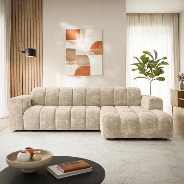 Masseno Narożnik SETIA Prawostronny, L-Kształtny, Nowoczesna Sofa narożna, Tkanina Szenilowa - Kremowy, LUMO 55