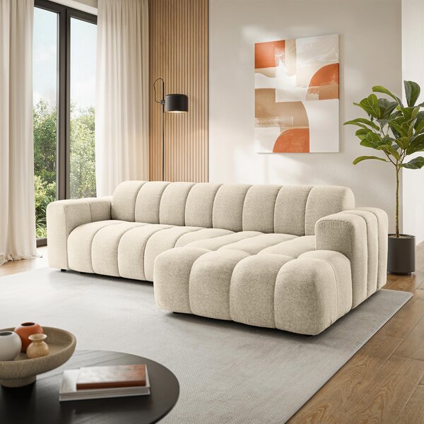 Masseno Narożnik SETIA Prawostronny L-Kształtny, Nowoczesna Sofa narożna, Tkanina Strukturalna - Kremowy, ARAGON 02