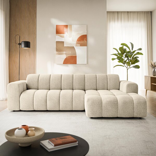Masseno Narożnik SETIA Prawostronny L-Kształtny, Nowoczesna Sofa narożna, Tkanina Strukturalna - Kremowy, ARAGON 02