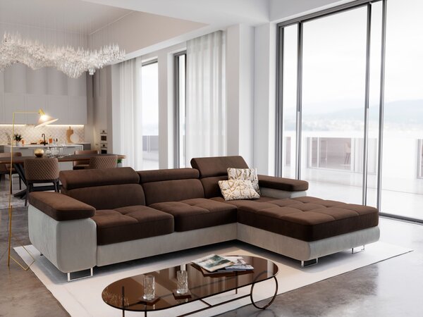 Masseno Narożnik ELMA z funkcją spania i pojemnikiem na pościel, Rozkładana sofa - Brązowy, MONOLITH 29 + MONOLITH 09