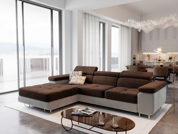 Masseno Narożnik ELMA z funkcją spania i pojemnikiem na pościel, Rozkładana sofa - Brązowy, MONOLITH 29 + MONOLITH 09