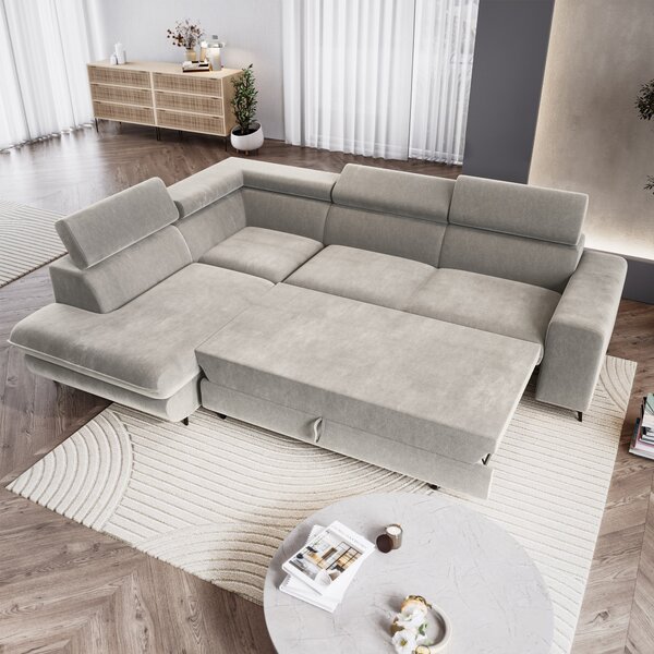 Masseno Narożnik VELISS z funkcją spania i pojemnikiem na pościel Narozniki L, Rozkładana sofa - Jasnoszary, CASTEL 80