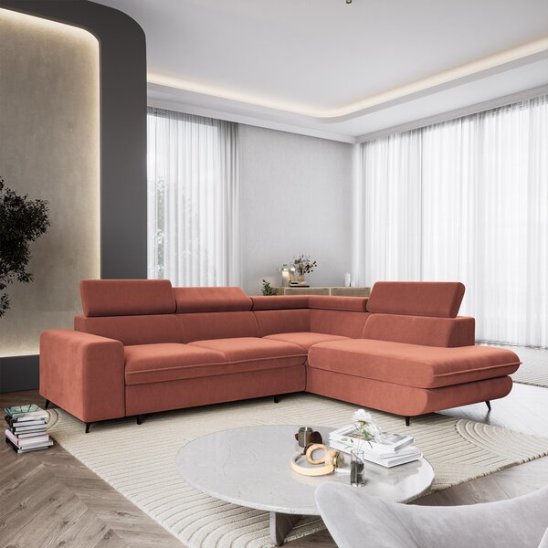 Masseno Narożnik VELISS z funkcją spania i pojemnikiem na pościel Narozniki L, Rozkładana sofa - Koralowy, CASTEL 55