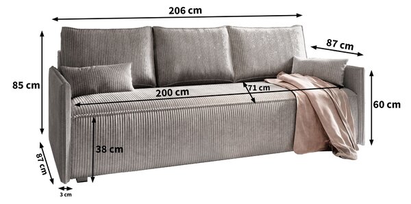 Masseno Sofa MESTOR z funkcją spania i pojemnikiem na pościel, Rozkładana sofa - Czarny, POSO 135