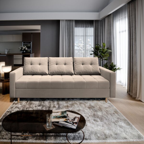 Masseno Sofa MILO z funkcją spania i pojemnikiem na pościel, Rozkładana sofa - Beżowy, PAROS 02