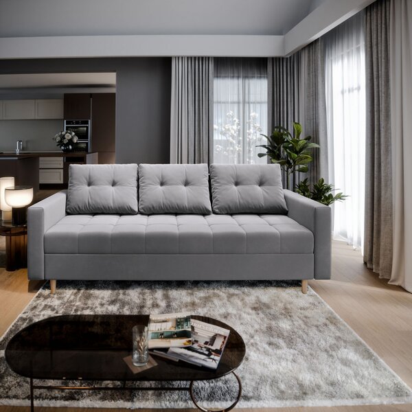 Masseno Sofa MILO z funkcją spania i pojemnikiem na pościel, Rozkładana sofa - Jasnoszary, PAROS 05