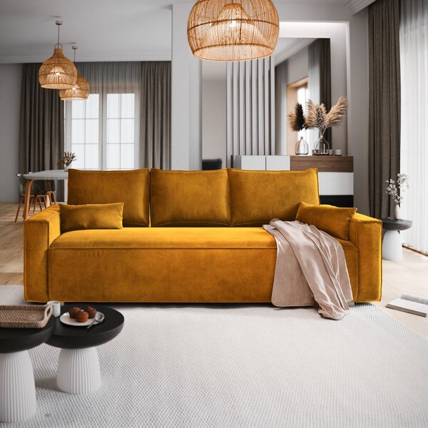 Masseno Sofa ALATRI z funkcją spania i pojemnikiem na pościel, Rozkładana sofa - Żółty, MONOLITH 48