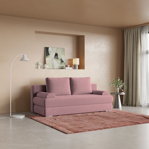 Masseno Sofa ASPERO z funkcją spania i pojemnikiem na pościel, Rozkładana sofa - Pudrowy róż, KRONOS 27