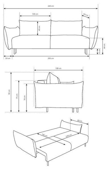 Masseno Sofa UNO z funkcją spania i pojemnikiem na pościel, Rozkładana sofa - Grafitowy, OVER THE HORIZON 97