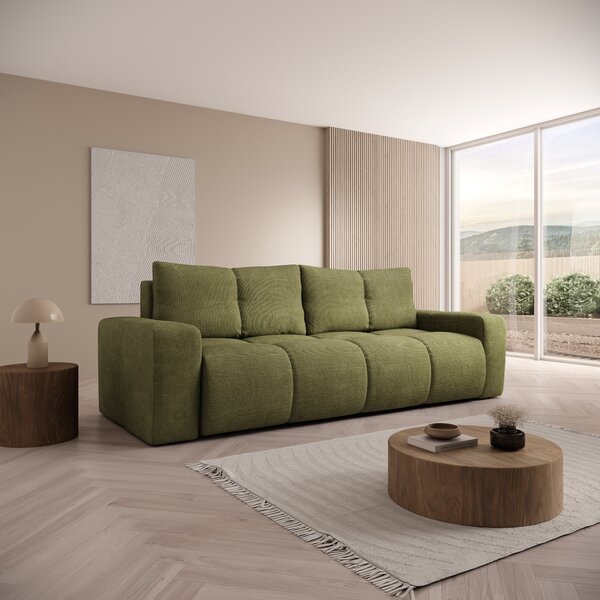 Masseno Sofa DUCA z funkcją spania i pojemnikiem na pościel, Rozkładana sofa - Oliwkowy, FLOW 12