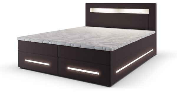 Nowoczesne łóżko kontynentalne MANU 140X200 cm, Brązowa ekoskóra MADRYT 928, z podświetleniem LED i wygodnym materacem