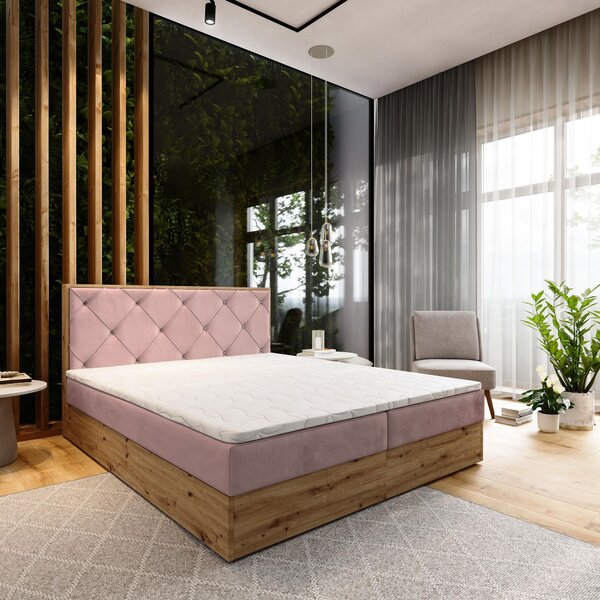 Masseno Łóżko kontynentalne FOSCO z pojemnikiem na pościel 140x200 cm - Pudrowy róż, KRONOS 27