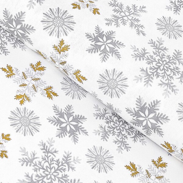 Goldea mocna tkanina bawełniana świąteczna 220 g/m2 - szare śnieżynki ze złotym brokatem na białym - szer. 150cm 150 cm
