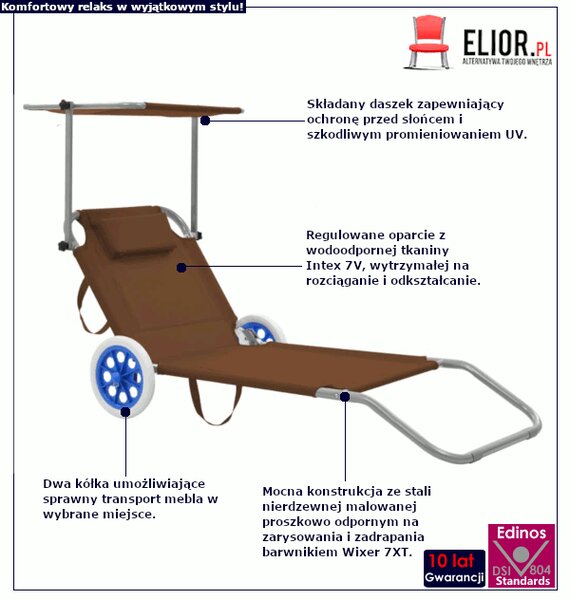 Brązowy leżak ogrodowy do opalania z kółkami D2-D19