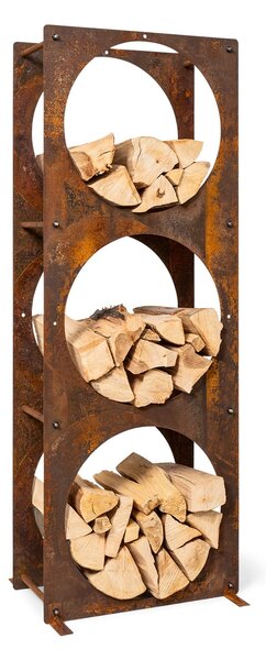 Blumfeldt Trio Circulo, stojak na drewno, 55 × 160 × 30 cm, stal 3 mm, półka, imitacja rdzy