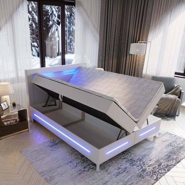 Masseno Łóżko kontynentalne BENZ 140x200 cm LED z pojemnikiem na pościel - Biały, MADRYT 920