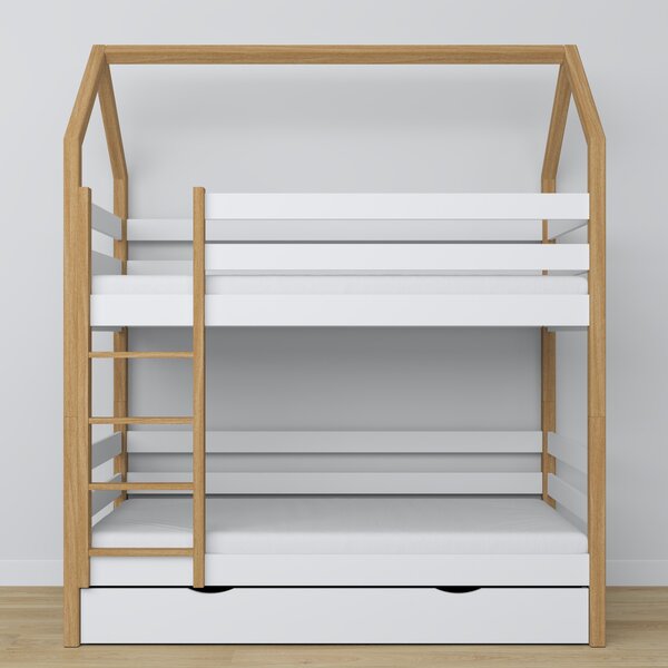 Drewniane łóżko piętrowe domek z szufladą N01