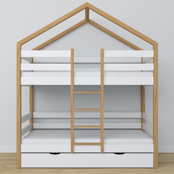 Drewniane łóżko piętrowe domek z szufladą N02