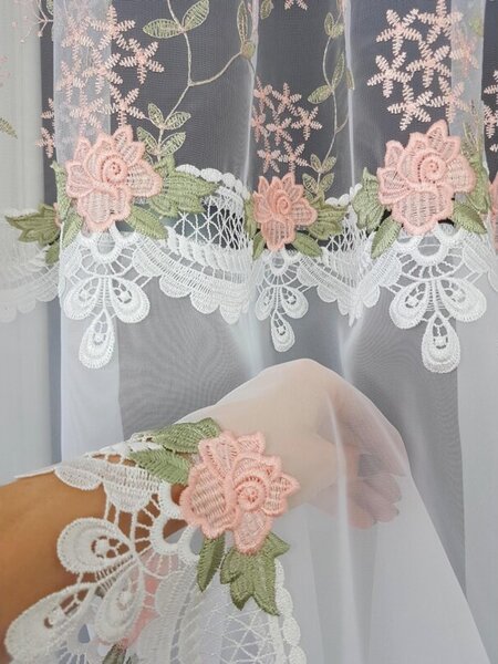 Firana gotowa markizeta + woal 400x150 cm haft gipiura zielono-rÃ³Å¼owa