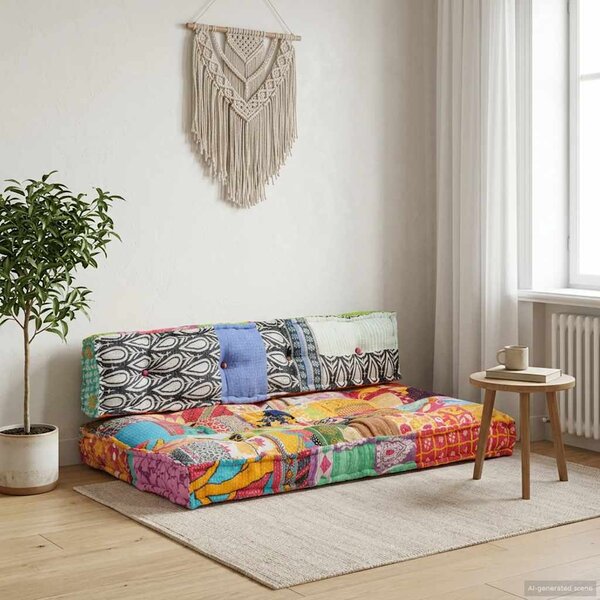 Sofa z poduszek na paletę, tkanina, wielokolorowy patchwork