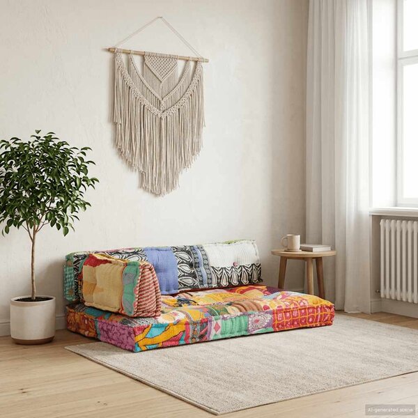 Sofa z poduszek na paletę, tkanina, wielokolorowy patchwork