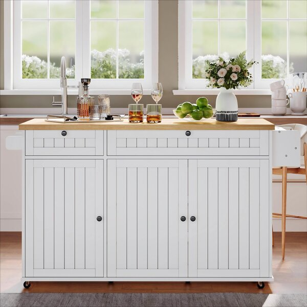 Wyspa kuchenna z rozkładanym blatem, wymiary 137x70x89,5 cm, kolor biały, wykonana z MDF z płytą melaminową, wyposażona w szuflady i szafkę