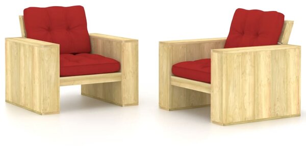 Krzesła ogrodowe z czerwonymi poduszkami, 2 szt., drewniane