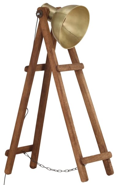 Lampa podłogowa, kolor mosiądzu, E27, lite drewno mango