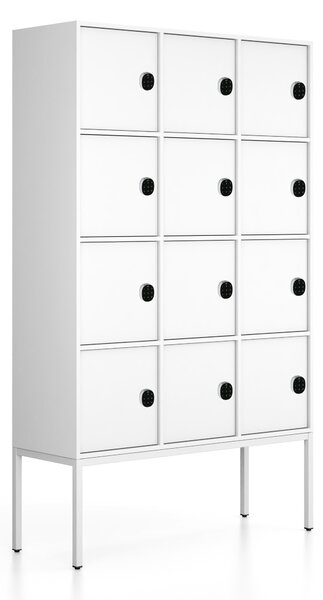 Szafa biurowa FRAME, podstawa biała, 12x drzwi, 1299 x 450 x 2185 mm, mechaniczny zamek szyfrowy, biały
