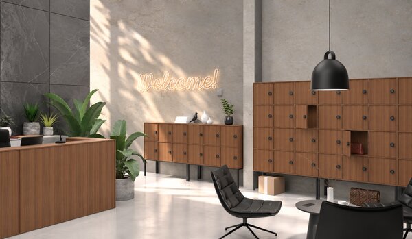 Szafa biurowa FRAME, podstawa biała, 12x drzwi, 1299 x 450 x 2185 mm, mechaniczny zamek szyfrowy, orzech