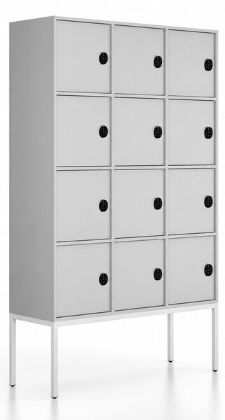 Szafa biurowa FRAME, podstawa biała, 12x drzwi, 1299 x 450 x 2185 mm, mechaniczny zamek szyfrowy, szary