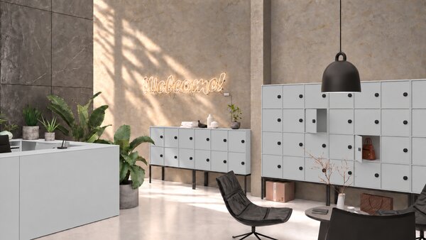 Szafa biurowa FRAME, niska, biała podstawa, 6x drzwi, 1299 x 450 x 1331 mm, zamek RFID, szary