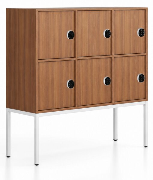 Szafa biurowa FRAME, niska, podstawa biała, 6x drzwi, 1299 x 450 x 1331 mm, mechaniczny zamek szyfrowy, orzech