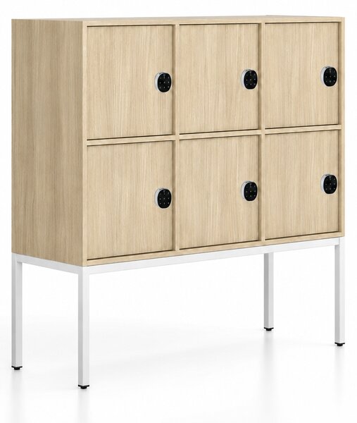 Szafa biurowa FRAME, niska, podstawa biała, 6x drzwi, 1299 x 450 x 1331 mm, mechaniczny zamek szyfrowy, dąb naturalny